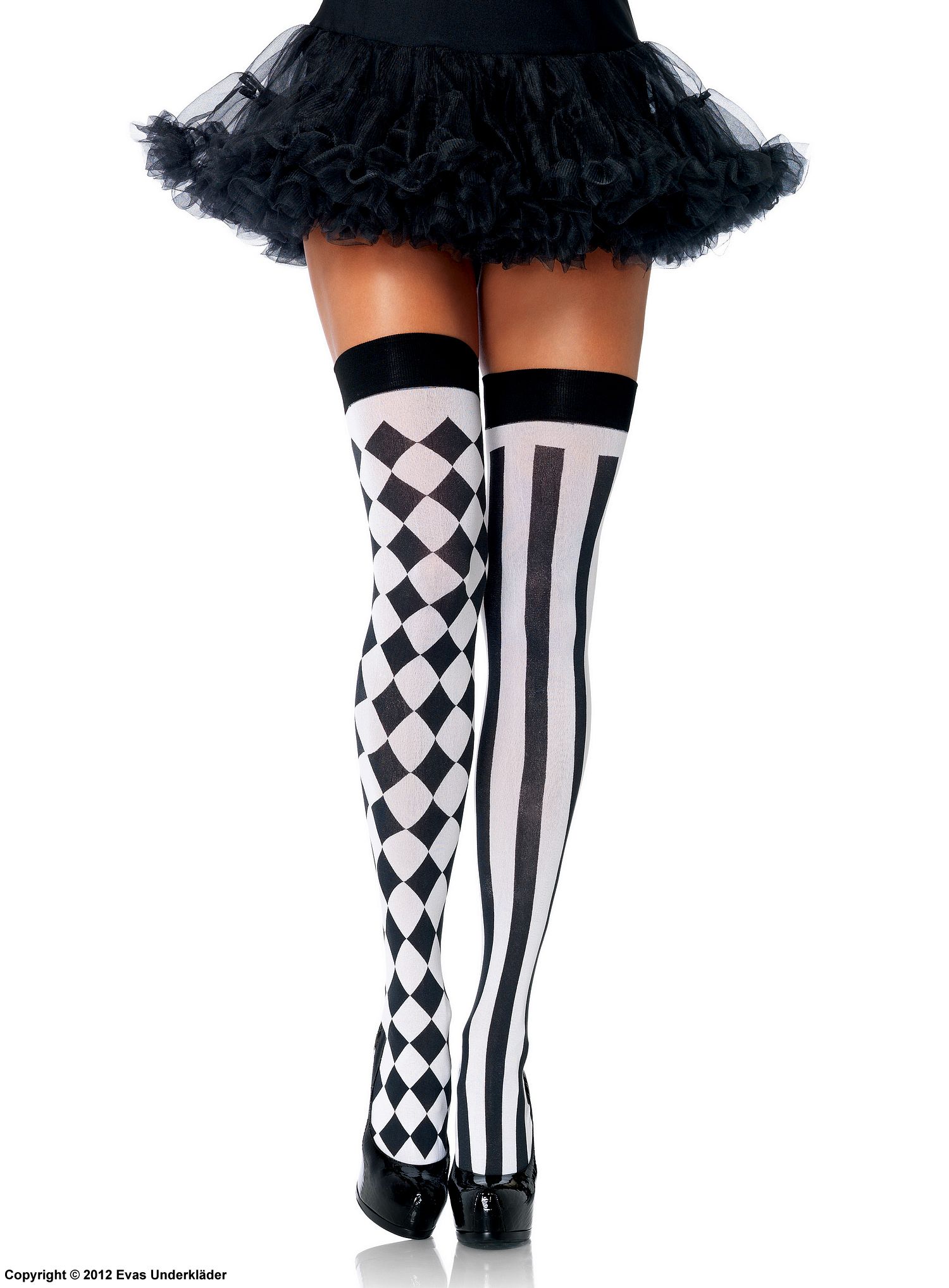 Thigh high stockings, harlequin with stripes and diamonds